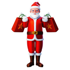 3D character of santa claus holding two shopping bags on back, Merry Christmas and Happy New Year, 3d illustration and rendering
