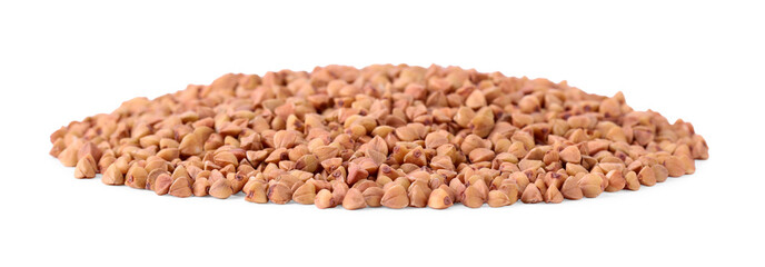Many dry buckwheat grains isolated on white