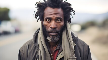 Closeup Of A Homeless Black Male In his 40s or 50s