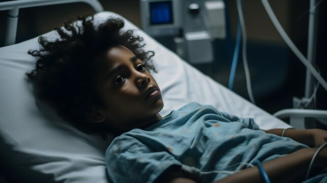 Black Male Grade Schooler Sick and Laying In A Hospital Bed