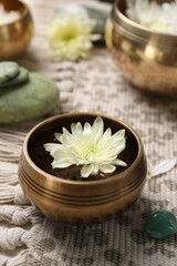 Fototapeta na wymiar Tibetan singing bowl with water, beautiful chrysanthemum flower and stones on table