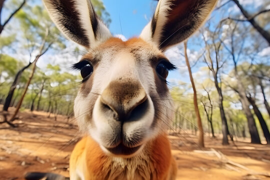 Close up portrait of a kangaroo. Detailed image of the muzzle. A wild animal in its natural habitat is looking at something. Curious look. Illustration with distorted fisheye effect for design.