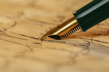 Woman writing letter with fountain pen, closeup - obrazy, fototapety, plakaty