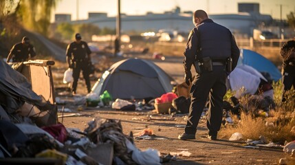 Cops Clearing Out A Homeless Encampment - obrazy, fototapety, plakaty