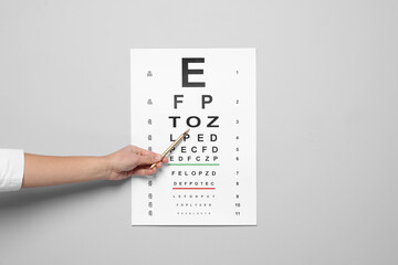 Ophthalmologist pointing at vision test chart on gray background, closeup