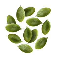 Peeled pumpkin seeds falling on white background