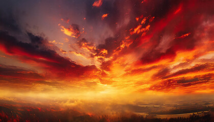 Red sunset. Sky with clouds. Beautiful black red abstract background with copy space - obrazy, fototapety, plakaty