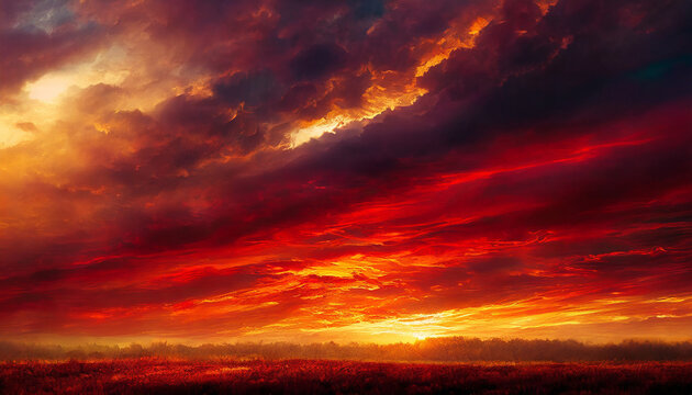 Red sunset. Sky with clouds. Beautiful black red abstract background with copy space