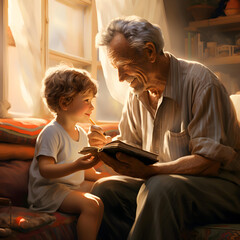 An elderly man telling a betime story to his grandchild. Realistic digital painting