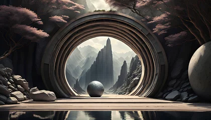 Foto auf Acrylglas Helix-Brücke Futuristic portal in a surreal mountain landscape with a lake.