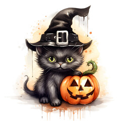 Watercolor halloween cute black cat in witch hat with pumpkin jack-o-lantern on transparency background