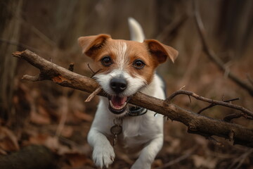 Happy jack russell terrier dog walking with big stick in teeth