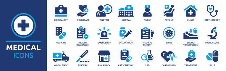 Medical icon set. Containing doctor, medicine, hospital, treatment, healthcare, nurse, pills, clinic and more. Solid vector icons collection.