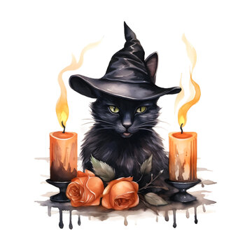Watercolor halloween cute black cat, candles and flowers on transparency background