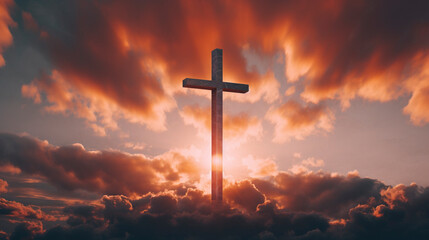 Fototapeta premium Golden Embrace: Cross in the Evening Light, Generative AI