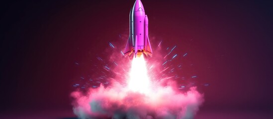 Space rocket taking off pink, purple, orange neon smoke