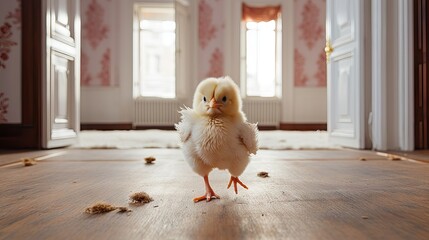 A cute baby chick crossing the living room of a clean, spacious, and warm house, evoking feelings of innocence, domestic tranquility, and the joys of simple moments in life. Generative AI.