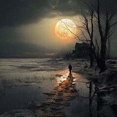Full moon, fire-colored skyscape, silhouette from back man, traveler, apocalypse cityscape. AI-generated image