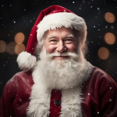 Santa Claus close-up, bokeh snowy background. Christmas, New Year, AI-generated image