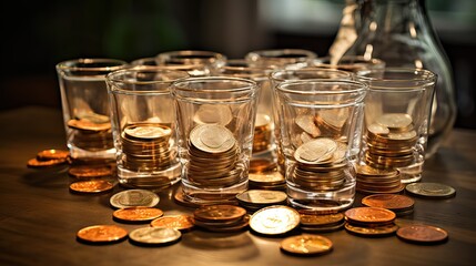  a set of glasses filled with golden coins, symbolizing wealth, prosperity, and abundance. The arrangement suggests luxury and the accumulation of riches. metaphor for financial success. Generative AI