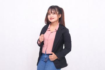 Beautiful Asian businesswoman in suit standing confidently cheerful on white background studio portrait for advertising materials, banners, billboards, job vacancies, business opportunities