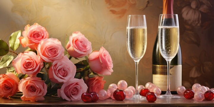 champagne and rose glasses, Valentine's Day,