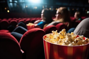 couple in the cinema watching a movie and eating popcorn - obrazy, fototapety, plakaty