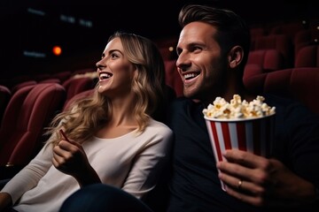 A couple happily laughing while sitting in a movie theater with a bucket of popcorn