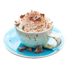 A beautiful blue cup of coffee with whipped cream, cocoa powder and raspberries on rustic wooden background