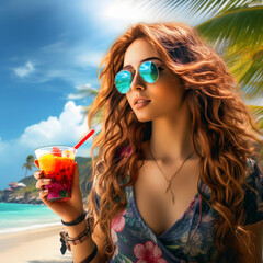 cute girl enjoying a tropical drink in the beach, in the style of flora borsi, nikon d850, eric wallis, warren buffet, uhd image, photo-realistic techniques, pixelated
