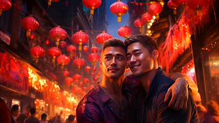 asian couple hugging on lunar new year - obrazy, fototapety, plakaty