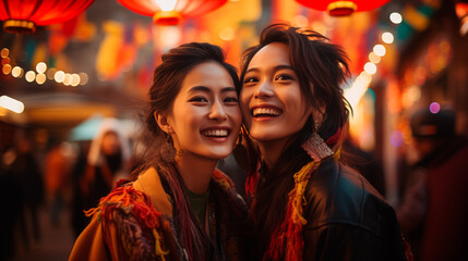 couple of asian women on the streets of china celebrating new year - obrazy, fototapety, plakaty