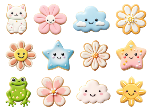 Cute gingerbread and cookies in the shape of flowers and hearts on transparent background