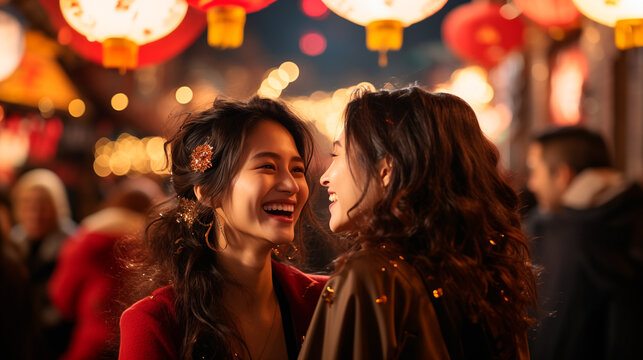 couple of asian women having fun on the street celebrating new year