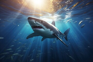 A photo of a shark taken from under the ocean and among the small fish generated by AI - obrazy, fototapety, plakaty