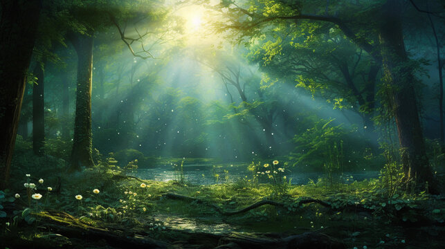 A verdant forest, where all the trees and plants glow with a vibrant