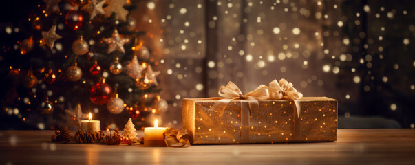 Fototapeta na wymiar Luxurious gift box with ribbon and candles behind on a table with copy space. Cozy background with festive Christmas tree. Generative ai
