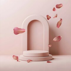 3D pastel pink pedestal podium set. Gradient display on natural beige background with petals falling, levitating. Showcase scene for beauty product, cosmetic presentation. Abstract minimal, 3D render