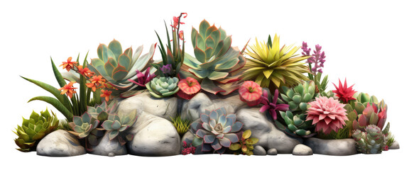 Fototapeta premium Garden design flower plants and rocks isolated on transparent background