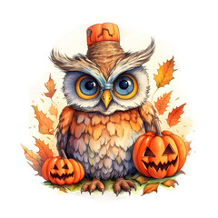 Cute cartoon watercolor halloween owl with a pumpkin on a transparent background