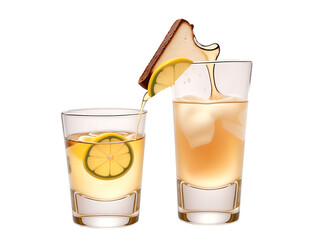 Two glasses of lemonade with a slice of lemon, making a toast, isolated.
