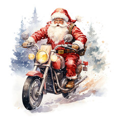 Santa riding a Bike For Christmas Event. Watercolor Style. AI Generated