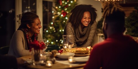 Obraz na płótnie Canvas a group of friends enjoying christmas dinner at home, generative AI