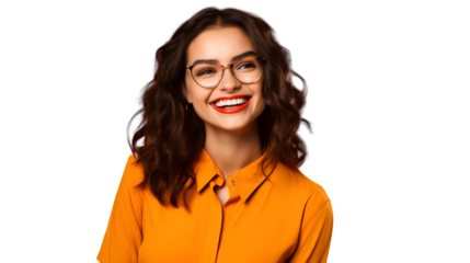 Portrait of a smiling happy woman wearing glasses isolated on transparent background