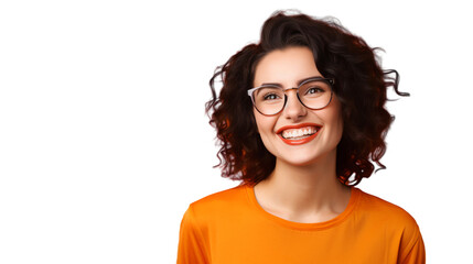 Obraz premium Portrait of a smiling happy woman wearing glasses isolated on transparent background