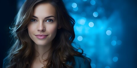 Brunette woman looking at camera portrait on blue background - Generative ai