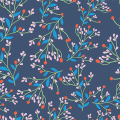 Dark Blue with red, pink simple flowers and their blue branches seamless pattern background design.