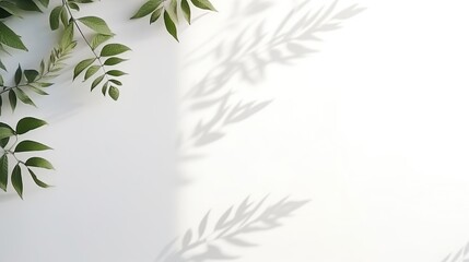 Blurred shadow from leaves plants on the white wall. Minimal abstract background for product presentation