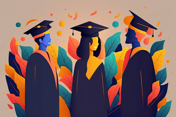 Graduates converse against a colorful backdrop of autumn leaves, representing the change and growth of graduation.