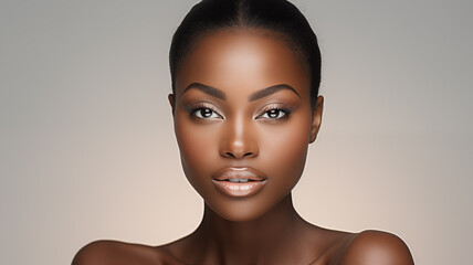 portrait of a beautiful young african american woman, perfect healthy smooth Skin black female. Beauty treatment, cosmetic, spa, make up, anti aging concept - obrazy, fototapety, plakaty